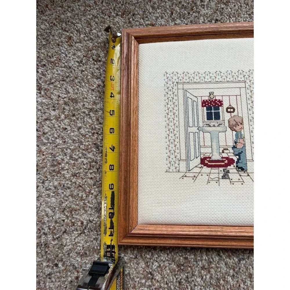 Vintage Completed Cross Stitch Girl & Boy Bathroom Scenes potty pair scene